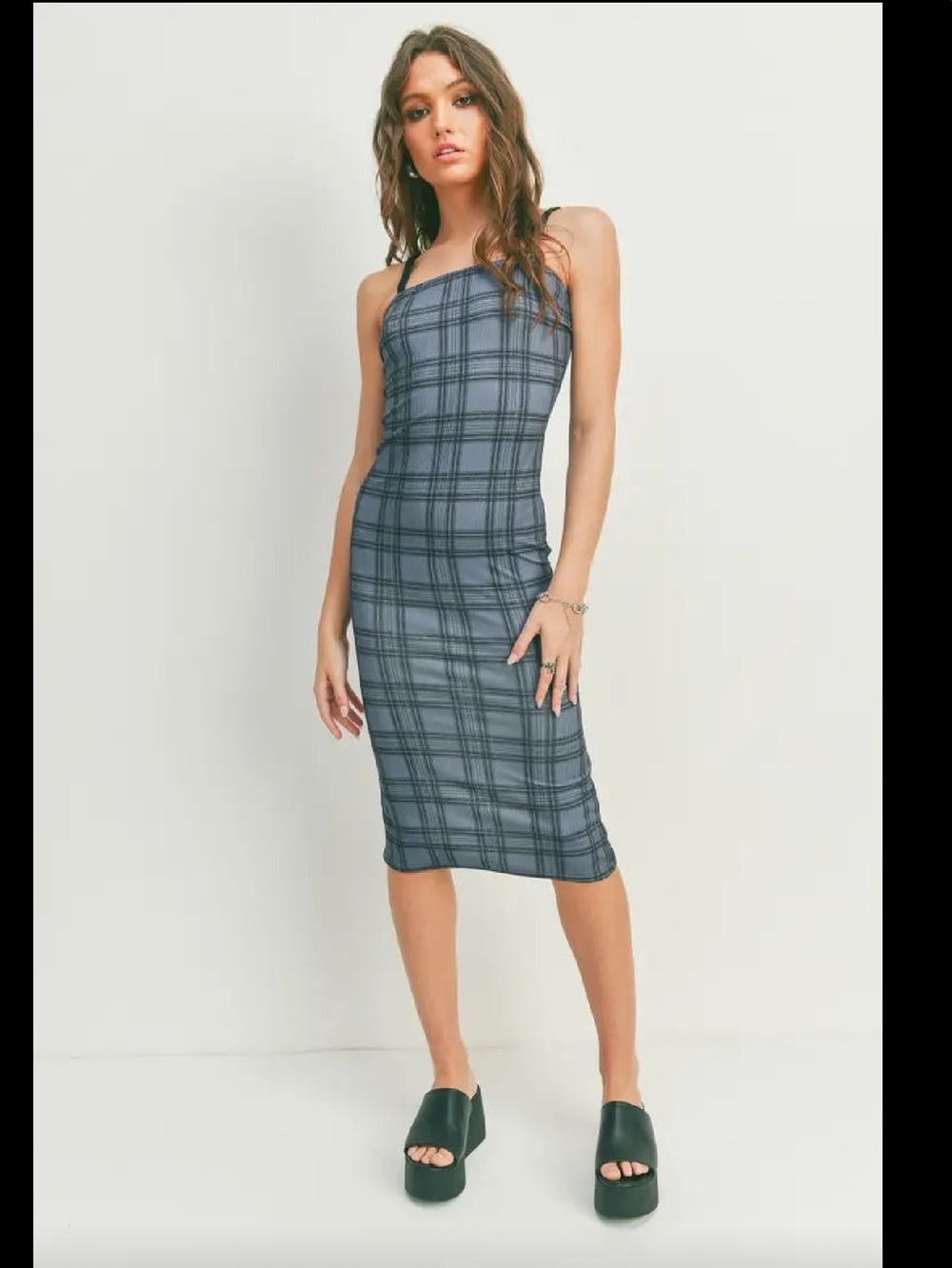 Pretty Damage Plaid Square-Neck Blue Midi Bodycon Dress ♥️♥️